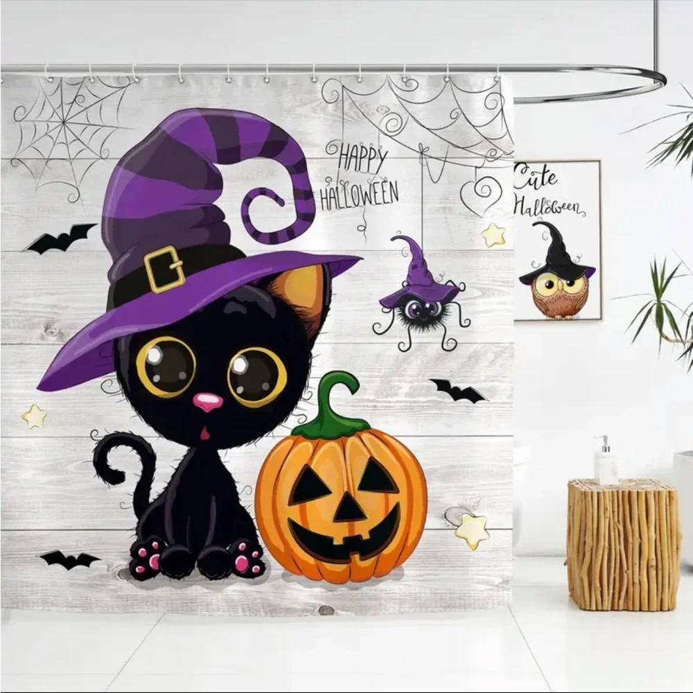 Cute Black Cat Halloween Shower Curtain With‎ Hooks For Bathroom Decoration